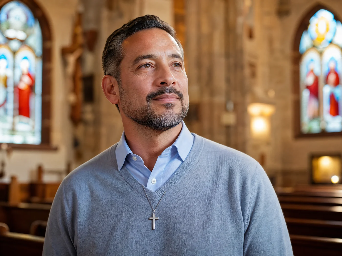 Eduardo Carvalho, criador do Converse com Deus, em uma igreja com vitrais ao fundo